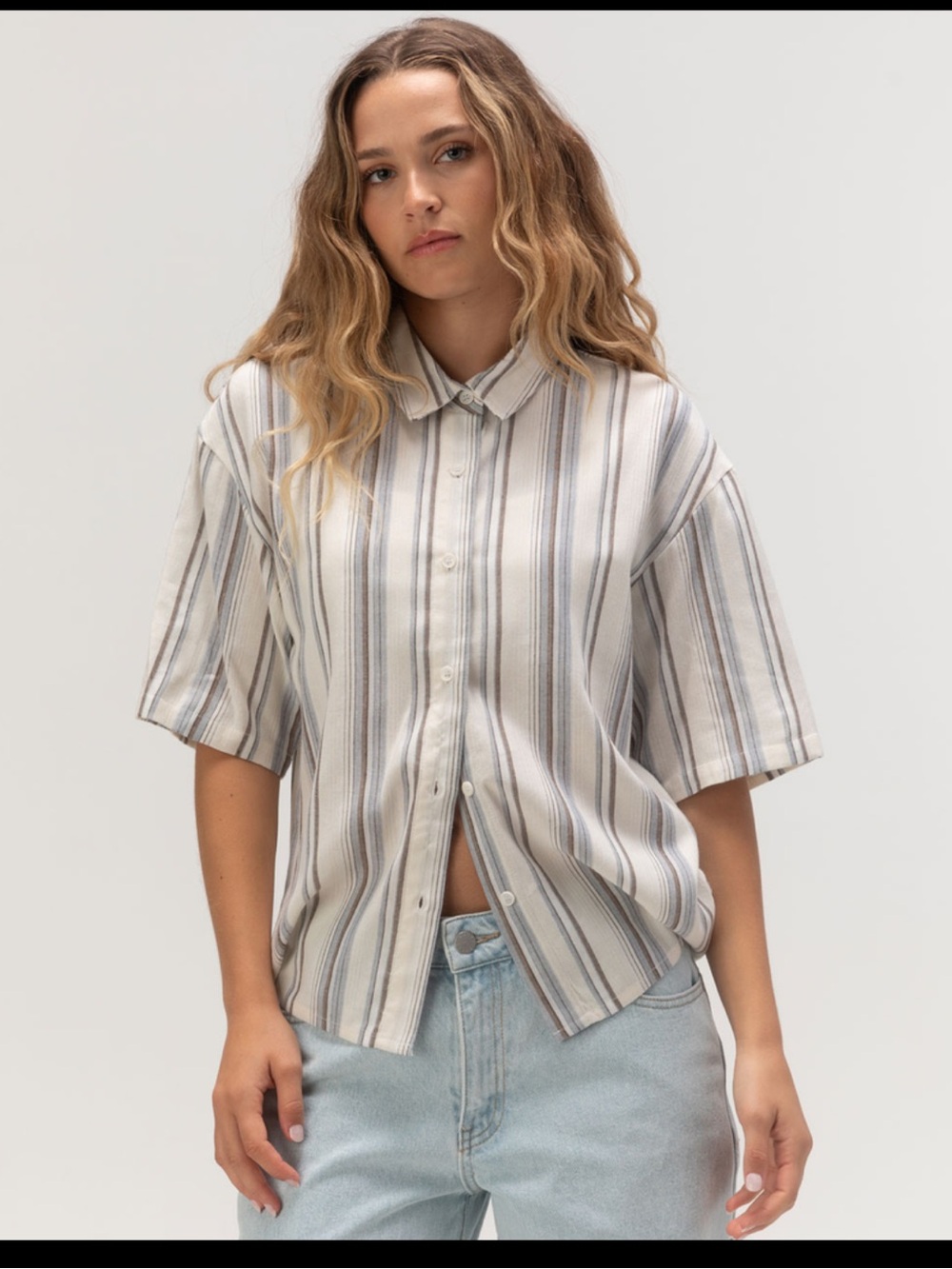 Rusty Striped Short-Sleeve Button-Down Shirt in Cream, Gray, Blue